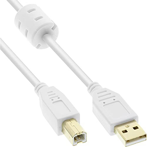 InLine 34535W USB 2.0 Kabel, A an B, weiß / gold, mit Ferritkern, 3m