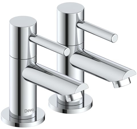 Deva Chrome Insignia Basin Taps Deck Mounted Set Hot & Cold Lever Pair Bathroom Water-Saving Solid Brass Dual Tap Set Silver Sink Faucet – 12 Year Warranty INS101