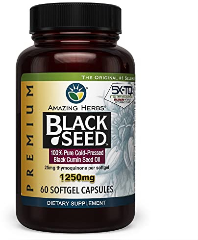Amazing Herbs Premium Black Seed Oil Capsules - High Potency, Cold Pressed Nigella Sativa Aids in Digestive Health, Immune Support & Brain Function - 60 Count, 1250mg