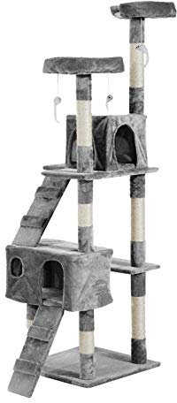 PawHut Árbol Rascador para Gatos Grande 50x50x170 cm con Múltiples Niveles con Cuevas Escaleras Juguetes Colgantes Camas Centro Actividades Sisal Gris
