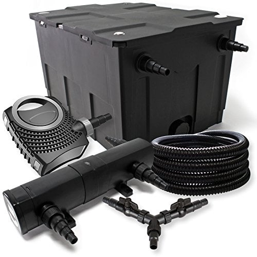 SunSun Komplettset: CBF-550 Teichfilter bis 60000 L Teichfilteranlage als Durchlauffilter, CTF-8000 Teichpumpe 8000l/h 70W, CUV-236 Teichklärer UVC Klärer mit 36W, 25m Teichschlauch 25 mm, Y-Verteiler