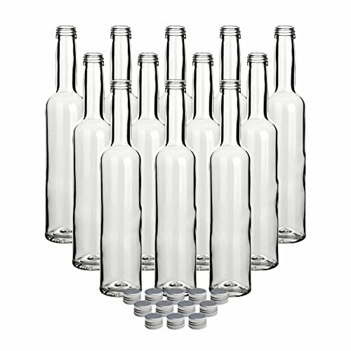 gouveo Set di 12 bottiglie di vetro da 350 ml, bordeaux, con coperchio a vite, colore argento, piccola bottiglia in vetro per cucina e casa, bottiglia vuota per vino, liquore, olio, aceto