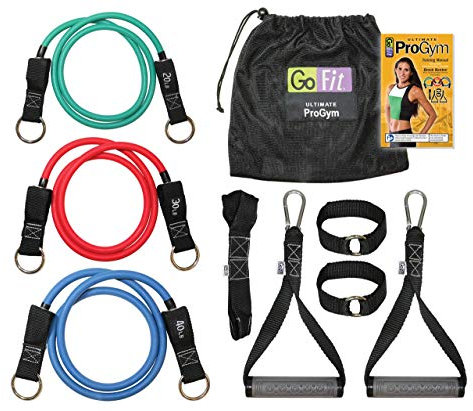 GoFit Ultimate ProGym Resistance Band Set with Training DVD, 3 Premium Rubber Tubes, 7 Resistance Levels, Handles, Ankle Straps, Door Anchor & Carry Bag