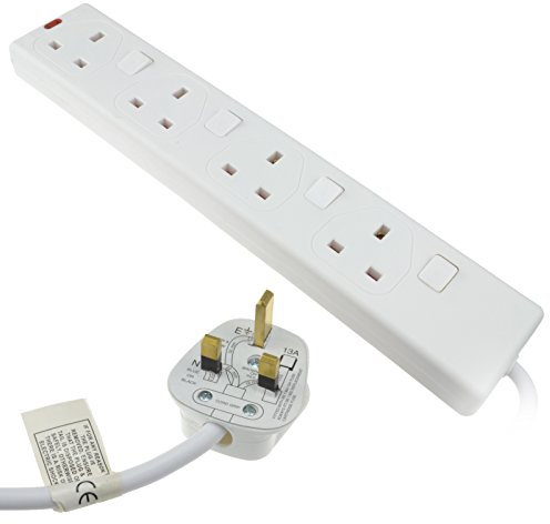 kenable 4 Way Gang Extension Lead with Individual Switches | UK Mains Power Strip with Neon Indicator | Wall Mountable 13A Surge Socket | White 5m