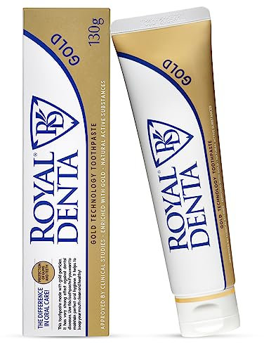 Royal Denta Gold Zahnpasta für Zahnfleisch und Zähne Fluoridfrei 130g, Zahnpasta für empfindliches Zahnfleisch fördert den natürlichen Schutz gegen Plaqueaufbau, Luxus-Zahnpasta mit reinem Gold