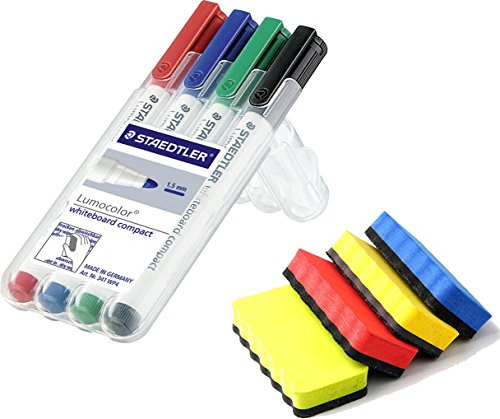 Staedtler 341 WP4 Compact Whiteboard-Marker trocken abwischbar 4 Stück farblich sortiert im Set mit einem Whiteboardlöscher (Zufällige Farbwahl)