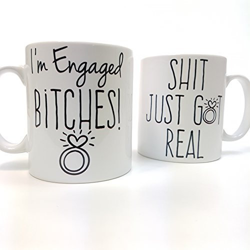 The T Bird Couples Engagement Gift,I'm Engaged Bitches, Shit just got Real, Mug Set- Personalised, Made to Order ~ just Engaged ~ Engagement Gift 10oz Mugs