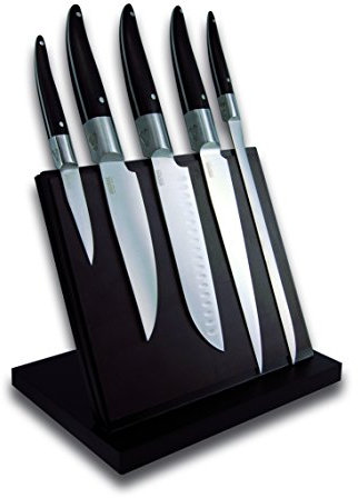 Laguiole Expression® - Bloc Aimanté de 5 Couteaux de cuisine - Couteau d’office + couteau de cuisine + santoku + couteau de chef + couteau à jambon - Acier inoxydable - Manche Pom