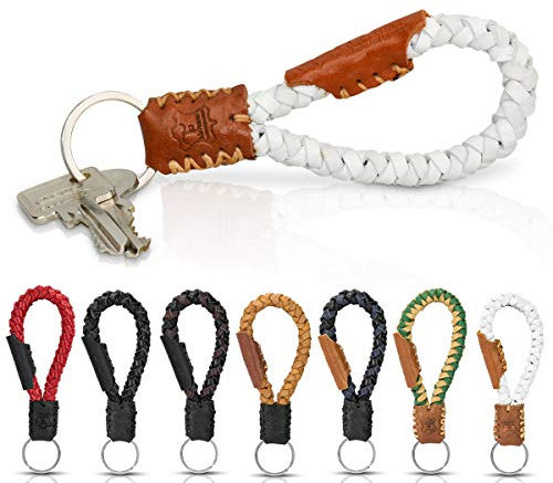 Tumatsch geflochtener Schlüsselanhänger Krabi aus Echt-Leder, Fair-Trade (Weiß & Braun)