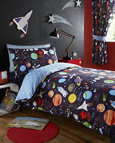 Kidz Club Planets Single Bed Duvet cover and Pillowcase Bed Set Bedding,2 pcs for Boy's Sun Mars and Moon, Dark Blue