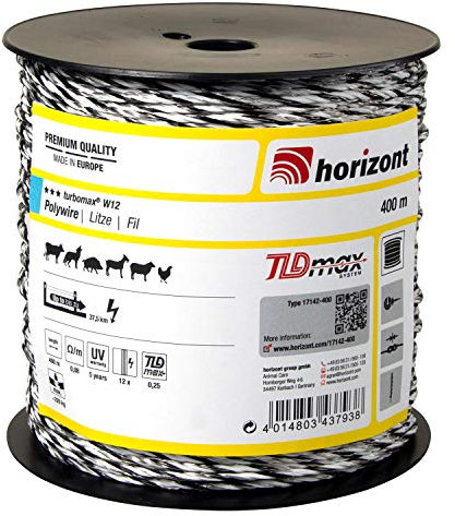 horizont Weidezaunlitze turbomax® W12, 400 m lang, weiß, 12x 0,25 mm TBmax-Leiter, 200 kg Bruchlast, für lange bis sehr lange Zäune mit starkem Bewuchs, Weidezaunband, Breitband Litze, Elektrozaun