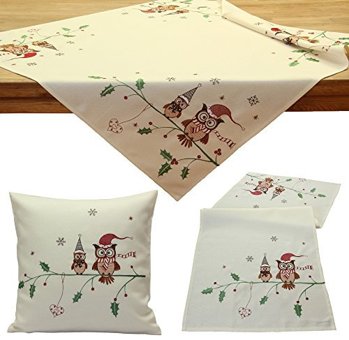 Quinnyshop niedliche Eule Weihnachten Kissenhülle Kissenbezug Leinen-Optik Creme-Weiß Rot Stickerei 40x40 cm Quadratisch