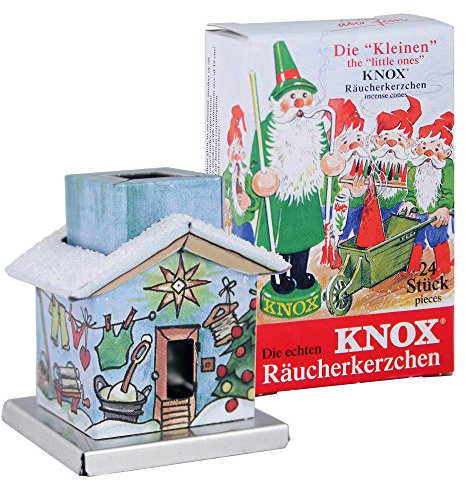 KNOX - Räucherhaus The Little One aus Metall für Räucherkerzen Größe S - Motiv: Waschhaus - Höhe: ca. 4,5 cm - Inklusive 24 Stück Räucherkerzen - Duftnote: Bunte Mischung