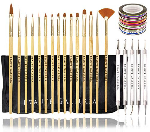 Beaute Galleria Bundle 50 Pieces Nail Art Tool Kit with Pouch - 5 Pieces Dotting Tool Marbleizing Pen (10 Sizes), 15 Pieces Acrylic Gel Detailing Painting Brushes Liners, 30 Pieces Striping Tapes