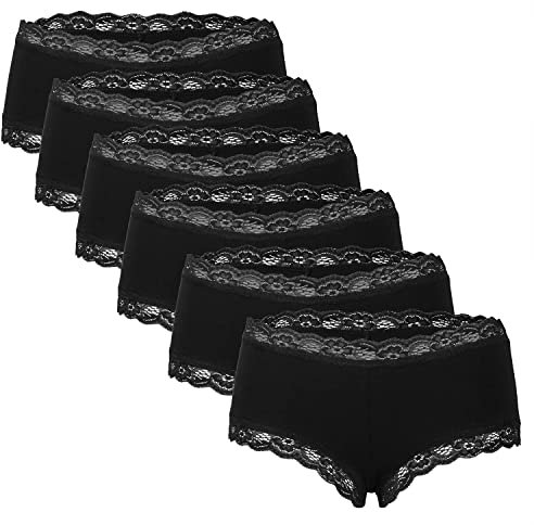 Fabio Farini - 6 Stück Damen Hipster Baumwoll Unterhosen Frauen Höschen Slips Panties Unterwäsche mit Spitze Sets Pack - Hotpants Brazilian mehrpack 6X Schwarz 38