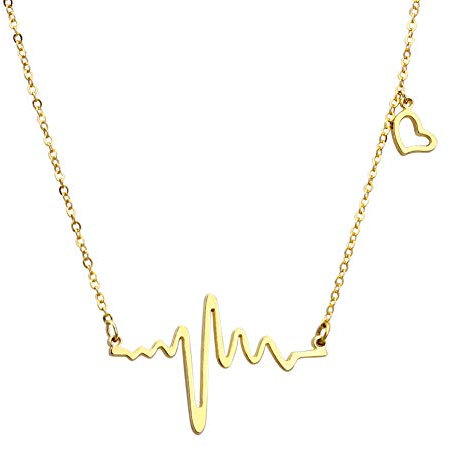 ELBLUVF Frauen 18K Rose Gold überzogener Schmuck Edelstahl Herz Liebe EKG Halskette Kette 3 Farben (Gold)