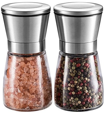 WINSHEA Ensemble de moulins à sel et poivre en acier inoxydable de qualité supérieure avec corps en verre et grosseur réglable, salière et poivrière en acier inoxydable brossé