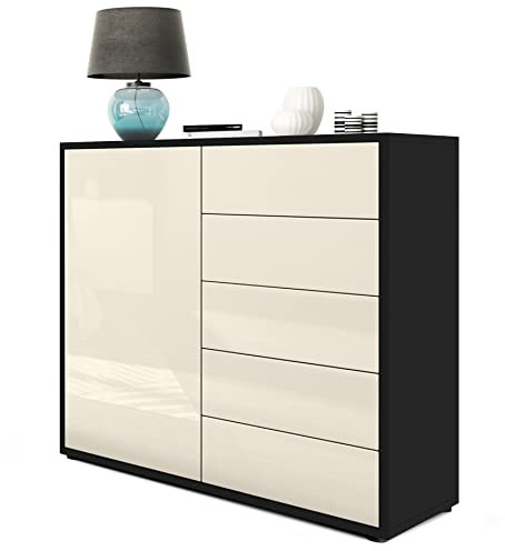 Vladon Sideboard Ben V2, Made in Germany, Kommode mit 1 Tür und 5 Schubladen, Schwarz matt/Creme Hochglanz (79 x 74 x 36 cm)