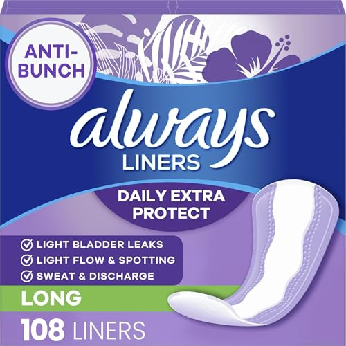 Always Panty Liners for Women Anti-Bunch Xtra Protection Daily Liners, Long, Unscented, 108 Count