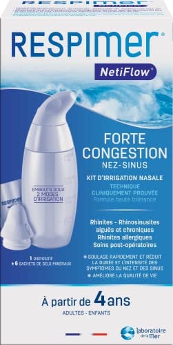RESPIMER NetiFlow - Kit d'Irrigation Nasale - Lavage de Nez - 1 Dispositif breveté + 6 Sachets de Sel Nasal - Fabriqué en Bretagne