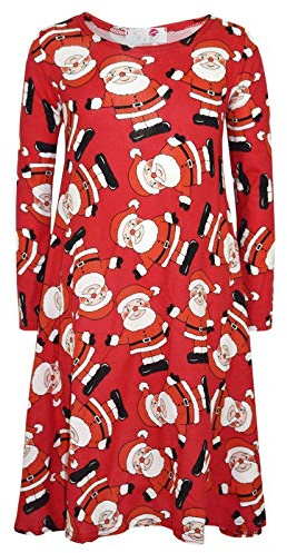 A2Z 4 Kids Girls Christmas Santa Print Swing Dress Long Sleeve 1-13Y | Soft Festive Outfit for Holiday Parties and Everyday Winter Wear
