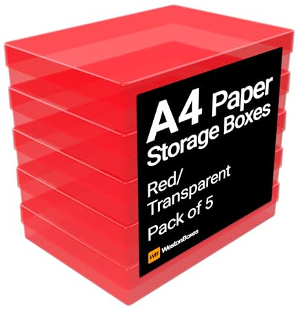 WestonBoxes A4 Colourful Transparent Plastic Craft Storage Boxes with Lids for Art Supplies, Paper and Card (Red/Transparent, Pack of 5)