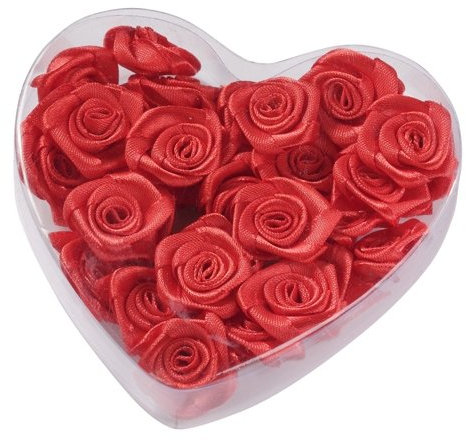 Satin-Rosen 20 mm rot, Herzbox mit 30 St.