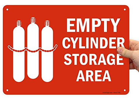 SmartSign Aluminum Sign, Legend Empty Cylinder Storage Area with Graphic, 10 high x 14 wide, White on Red