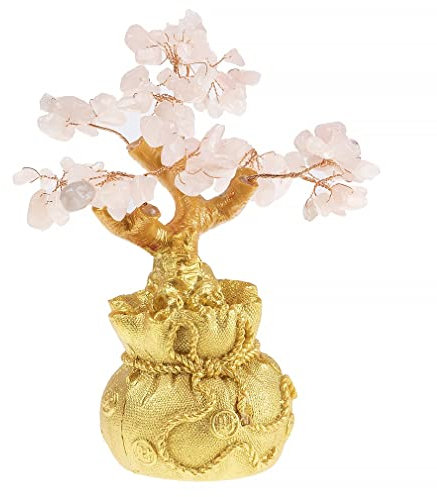 lachineuse - Arbre Feng Shui en Quartz Rose - Arbre de Fortune 17 cm - Décoration Asiatique Japonais - Arbre de Fortune avec Support Doré - Déco Asiatique Pierres Précieuses - Objet Japonais Zen