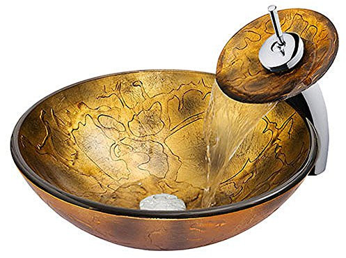 HomeLava Gehärtetes Glas Waschbecken mit Wasserfall Wasserhahn, Wasserablauf und Montage Ring Rund (Gold)