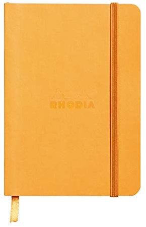 RHODIA 117315C - Orange Flexible Notebook - A6 - Lined - 144 pages - Ivory Clairefontaine Paper 90 g/m - Bookmark, Elastic Closure - Faux Leather Cover - Rhodiarama Collection