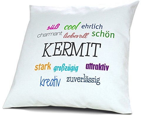 digital print Kopfkissen mit Namen Kermit - Motiv Positive Eigenschaften, 40 cm, 100% Baumwolle, Kuschelkissen, Liebeskissen, Namenskissen, Geschenkidee, Deko