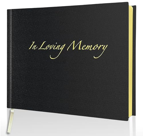 In Loving Memory Condolence Book - 96 Pages with Gold Gilt Pages & Storage Box - Hardcover Memorial Guest Book with 1152 Message Lines & Keepsake Pocket - For Funeral Services (Black, 218x160mm)