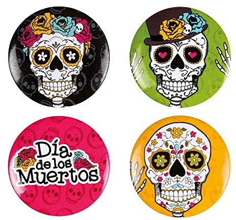 Boland 97023 - Buttons Dia de los Muertos mit Anstecknadel, 4 Stück, Durchmesser 3 cm, Anstecker, Mitgebsel, Accessoire, Halloween, Mottoparty, Karneval