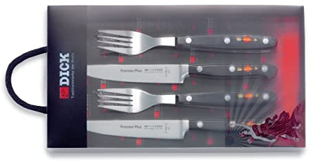F. Dick Premier Plus Steakbesteck 4-teilig (2 Steakmesser + 2 Gabeln, ergonomischer Griff, Klinge aus X50CrMoV15, Besteck-Set) 81080000