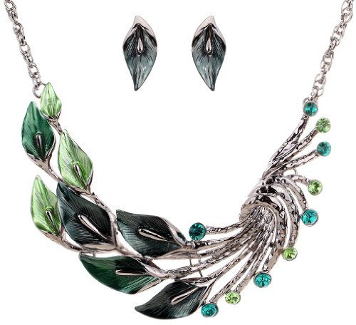YAZILIND Ethnic Style Tibetan Silver Blue Peacock Crystal Chunky Bib Earrings Necklace Set Wedding Party