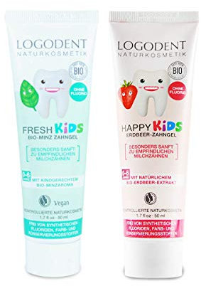 Ideenmanufaktur Logona Logodent Zahngel Kids Spearmint 50 ml und Zahngel Kids Erdbeere 50 ml im Set für frische Abwechslung