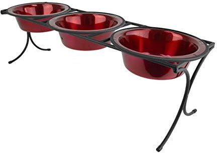 Platinum Pets 8 Cup Bistro Triple Raised Feeder with Stainless Steel Wide Rimmed Bowls, Candy Apple Red