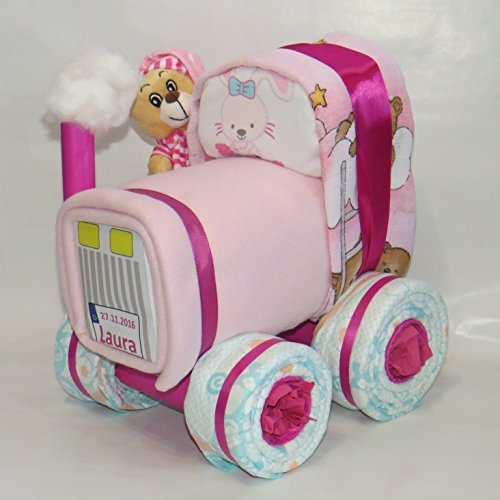 Windeltorte | Windeltraktor mit Schlafbär rosa | Windeltrecker | Windelbulldog