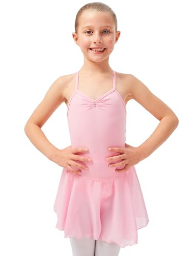 tanzmuster Kinder Ballettkleid Maja - süßer Spaghetti-Träger Ballettbody mit Chiffon Röckchen und Glitzersteinen in rosa, Größe:116/122