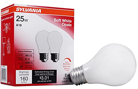 Sylvania Incandescent Light Bulb, 25W A19, Dimmable, Medium Base, 160 Lumens, 2850K, Soft White - 2 Pack (10562)