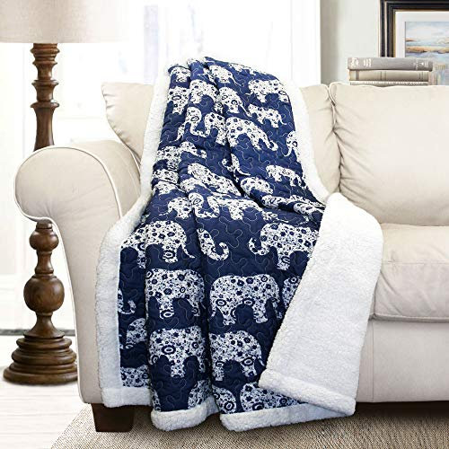Lush Decor Navy Elephant Parade Throw Fuzzy Reversible Sherpa Blanket 60” x 50 White
