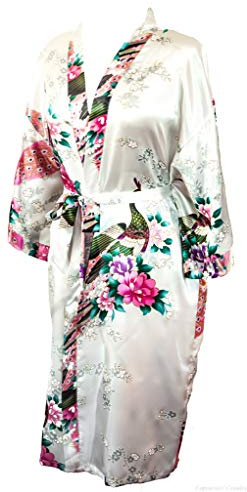 CCCollections Kimono motif paon et fleurs, lingerie, nuisette, robe de chambre, demoiselle d'honneur, enterrement de vie de jeune fille (Blanc (White)), taille unique