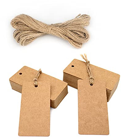 jijAcraft Étiquettes Papier Kraft Etiquette Cadeaux Rectangulaire 9x4,5cm, 100 pièces et Ficelle de Jute, pour Mariage Noël Anniversaire Artisanat (marron)