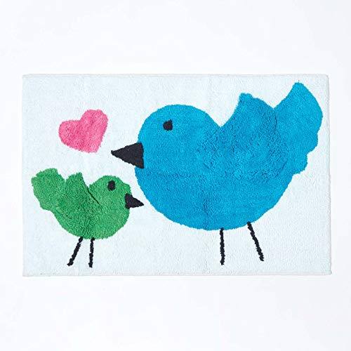 HOMESCAPES 100% Cotton Tufted Birds Heart Rug Pink Blue Green White - 50 x 80 cm Bath Mat or Children's Rug