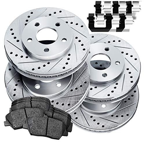 PowerSport Front Rear Silver Drilled Slotted Brake Rotors and Ceramic Pads Compatible For 2010-2016 Hyundai Tucson, Kia Sportage