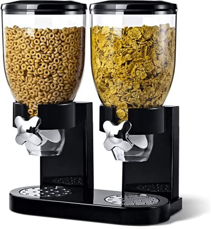 Denny International® Double Plastic Classic Dry Food Cereal Dispenser Double Canister, White Transparent (Black)