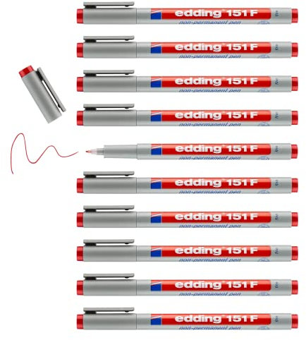 edding 151 F Non-permanent pen - rot- 10 Stifte - Rundspitze 0,6 mm - Stift zum Schreiben auf Glas, Kunststoff, Folien und glatten Oberflächen - schnelltrocknend, mit Wasser korrigierbar