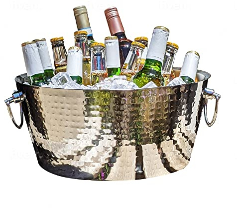 BREKX Hammered Stainless-Steel Beverage Tub, Double-Walled Insulated Anchored Drink Tub & Ice Bucket with Double Hinged Handles, Drink Chiller for Parties, 12 Quarts