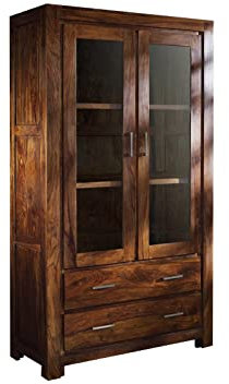 MASSIVMOEBEL24.DE Vitrine Metro Life aus Massivholz Sheesham Life Honey lackiert, Vitrinenschrank mit 3 Fächern und 2 Schubladen